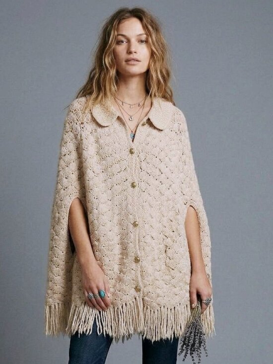 Vintage Sweaters - Vintage 60s Crochet Knit Poncho Sweater Ivory Fringe Boho Festival Cape Mod OS